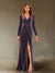 Sheath/Column V-Neck Long Sleeves Velvet Ruched Evening Dresses with Side Slit