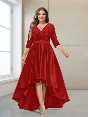 A-Line/Princess V-Neck 3/4 Sleeves Plus size Mother of the Bride Dresses with Beading