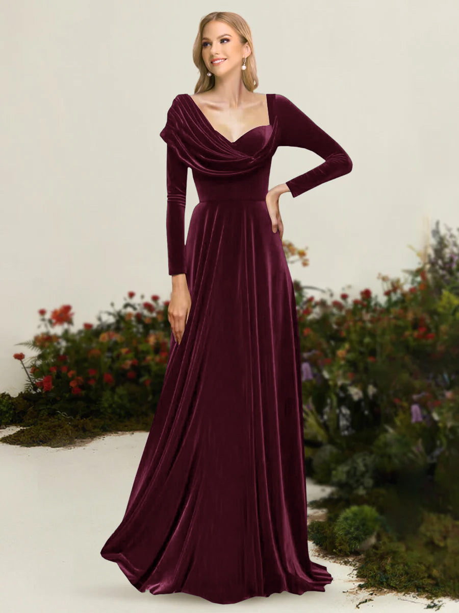 Lavetir Grape A-Line/Princess Asymmetrical Long Sleeves Pleated Velvet Mother Of the Bride Dresses 2026