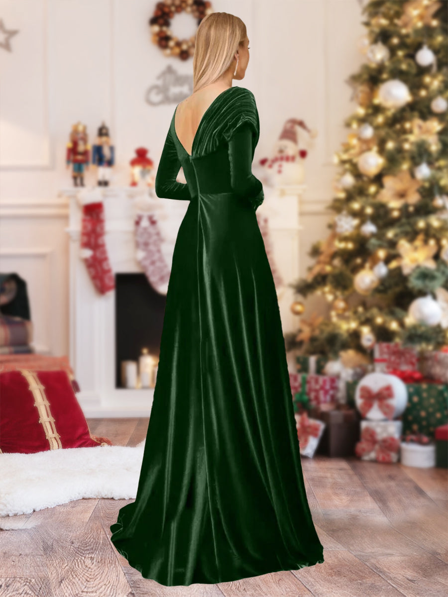 Lavetir A-Line/Princess Asymmetrical Long Sleeves Pleated Velvet Christmas Dresses 2026