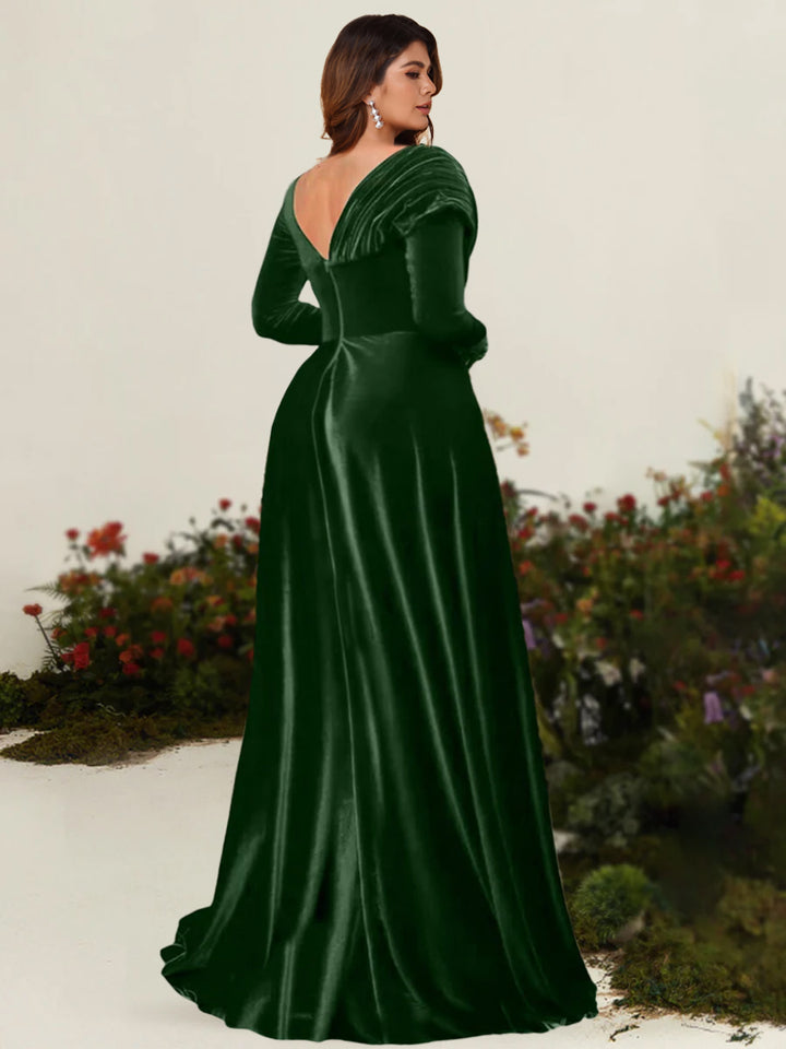 A-Line/Princess Asymmetrical Long Sleeves Pleated Velvet Plus Size Mother Of the Bride Dresses