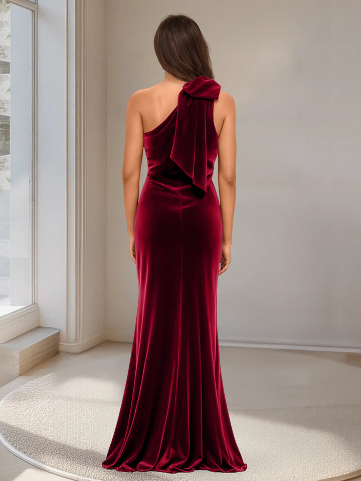 Trumpet/Mermaid One-Shoulder Velvet Long Evening Dresses with Split Side
