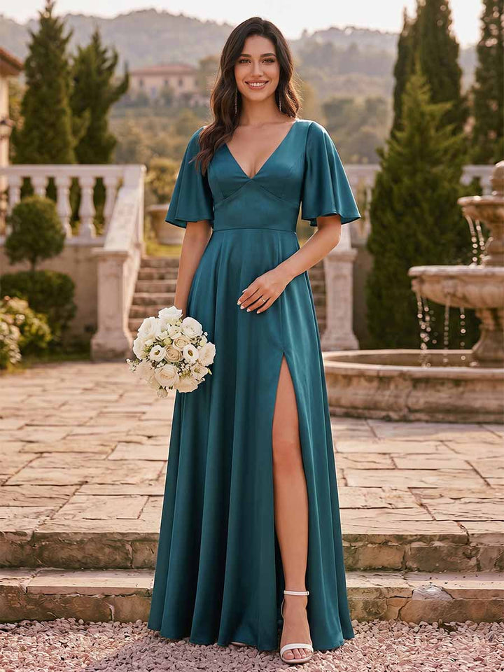 A-Line/Princess Silk Satin V-Neck Floor-Length Bridesmaid Dresses With Split Side