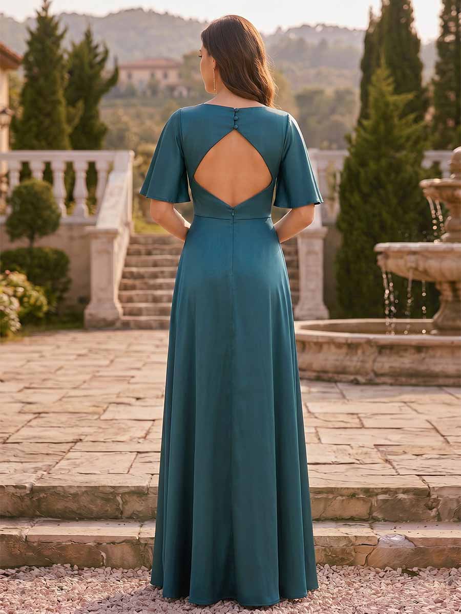 A-Line/Princess Silk Satin V-Neck Floor-Length Bridesmaid Dresses With Split Side