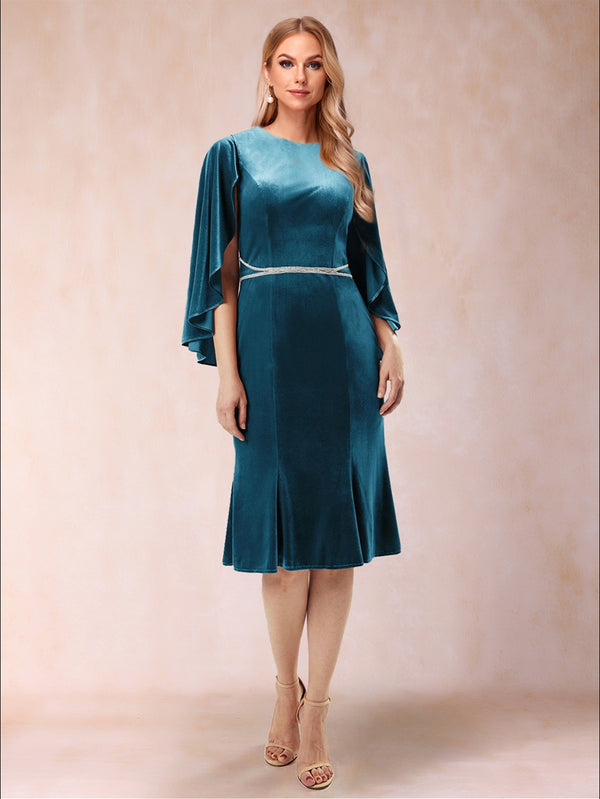 A-Line/Princess Scoop 3/4 Sleeves Knee-Length Evening Dresses with Sash