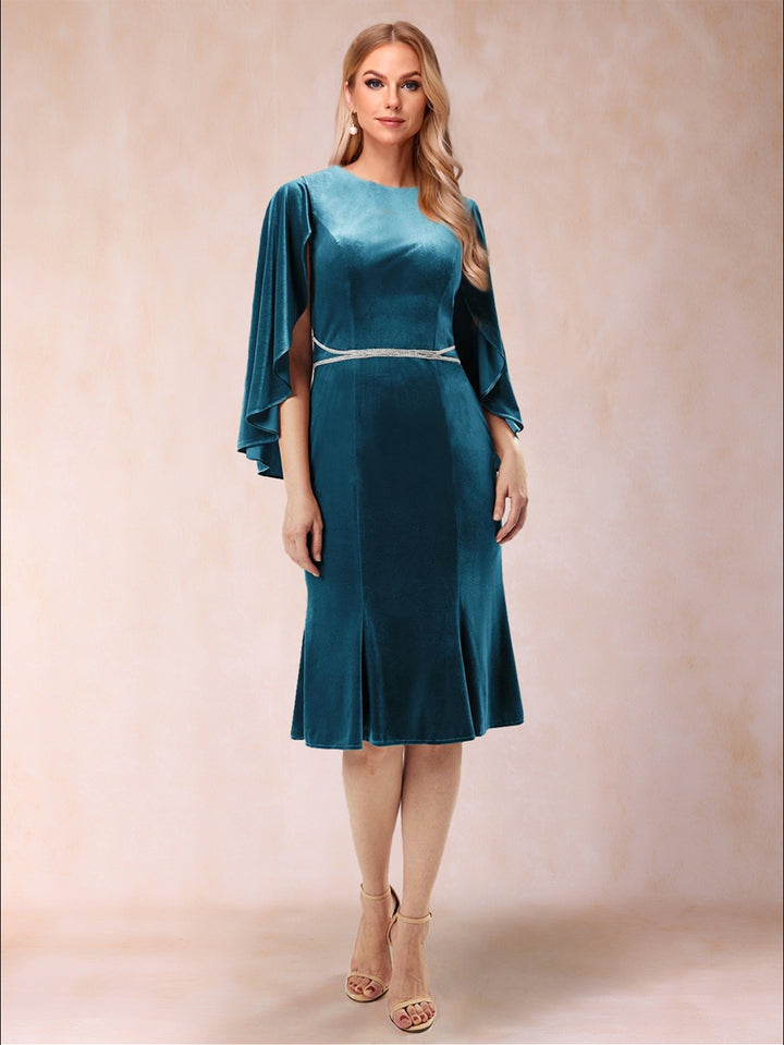 A-Line/Princess Scoop 3/4 Sleeves Knee-Length Evening Dresses with Sash