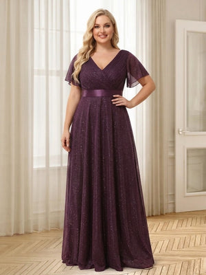 plus size purple maid of honor dresses Grape Bridesmaid Dresses 2026 Plus Size A-Line V-Neck Floor-Length Short Sleeves Long Formal Evening Gowns with Sash
