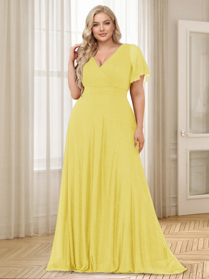 A-Line/Princess V-Neck Floor-Length Ruffles Plus Size Bridesmaid Dresses