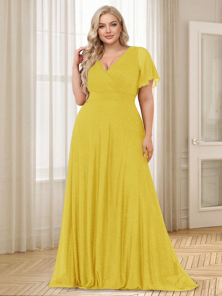 A-Line/Princess V-Neck Floor-Length Ruffles Plus Size Bridesmaid Dresses