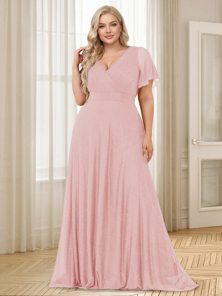 A-Line/Princess V-Neck Floor-Length Ruffles Plus Size Bridesmaid Dresses