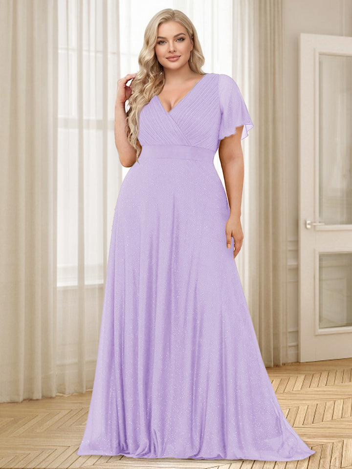 A-Line/Princess V-Neck Floor-Length Ruffles Plus Size Bridesmaid Dresses