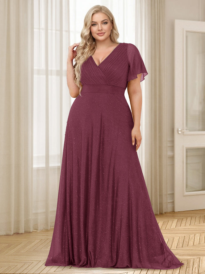 A-Line/Princess V-Neck Floor-Length Ruffles Plus Size Bridesmaid Dresses