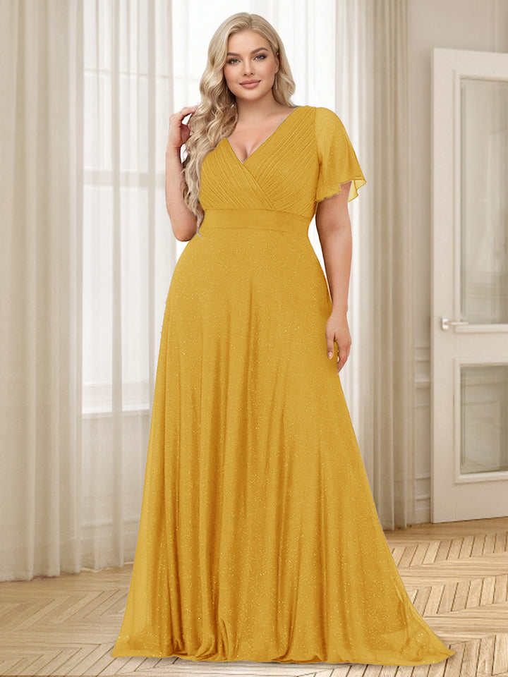 A-Line/Princess V-Neck Floor-Length Ruffles Plus Size Bridesmaid Dresses