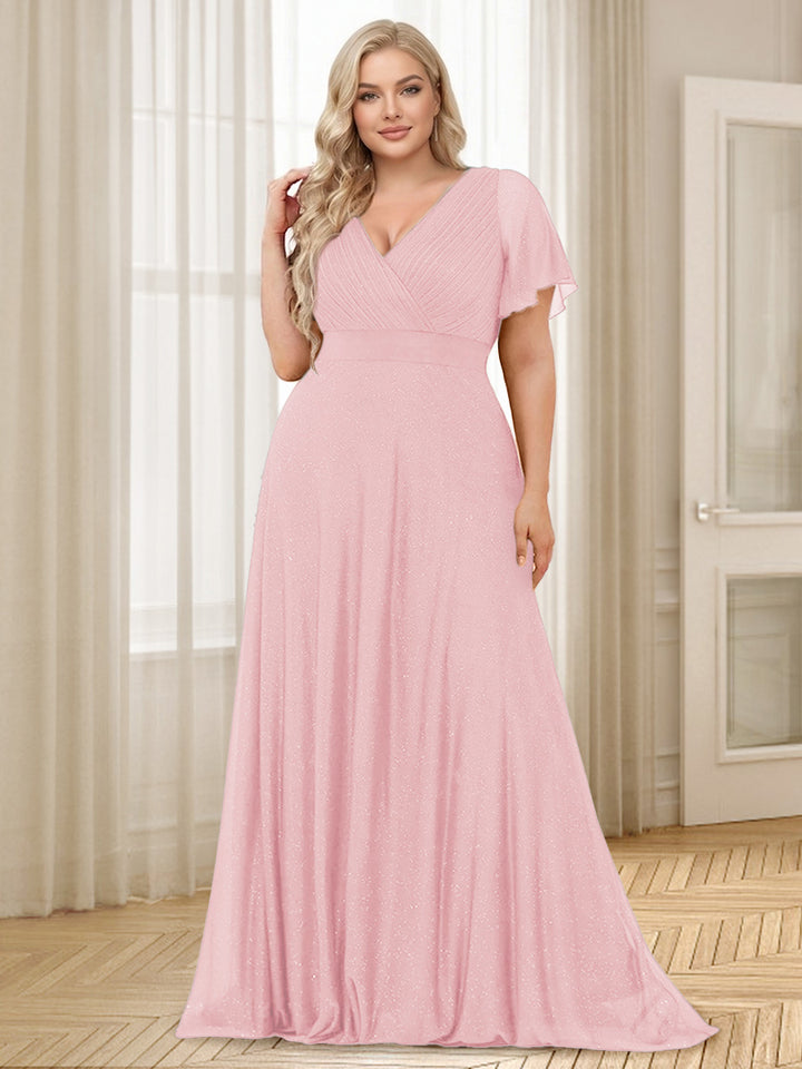 A-Line/Princess V-Neck Floor-Length Ruffles Plus Size Bridesmaid Dresses