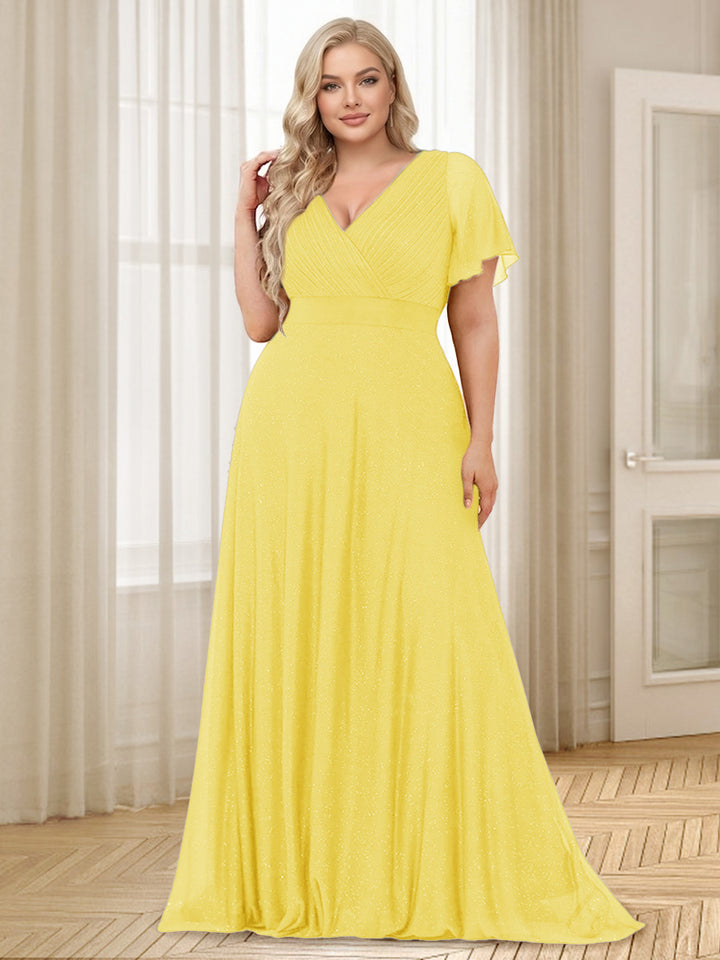 A-Line/Princess V-Neck Floor-Length Ruffles Plus Size Bridesmaid Dresses