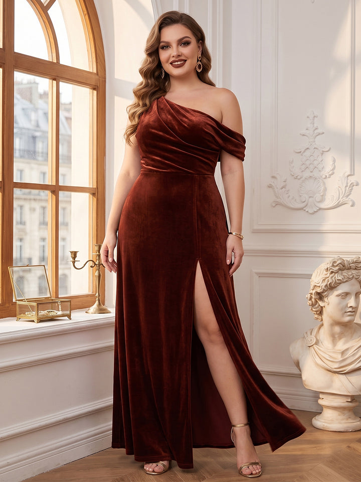 A-Line/Princess One-Shoulder Floor-Length Plus Size Bridesmaid Dresses With Split Side