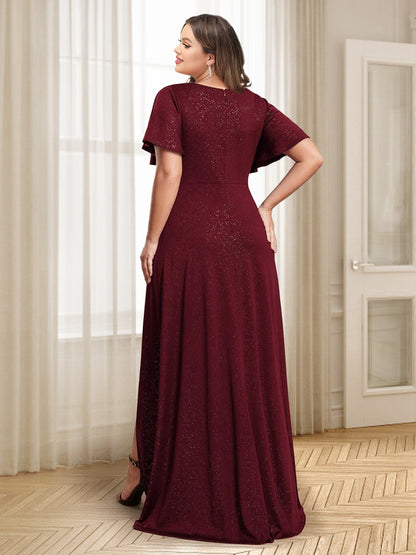 A-Line/Princess V-Neck Floor-Length Plus Size Evening Dresses With Split Side