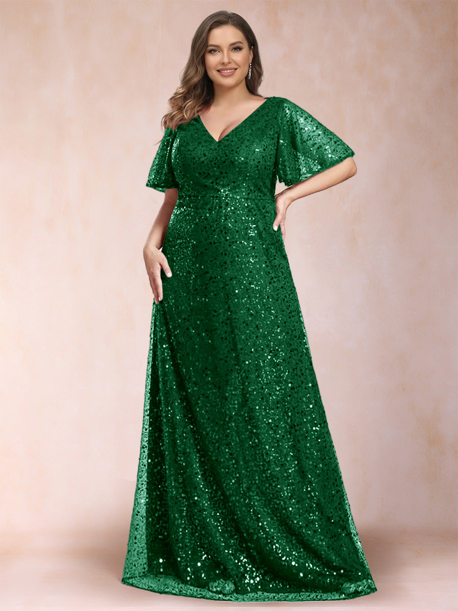A-Line/Princess V-Neck Sequins Plus Size Mother of the Bride Dresses