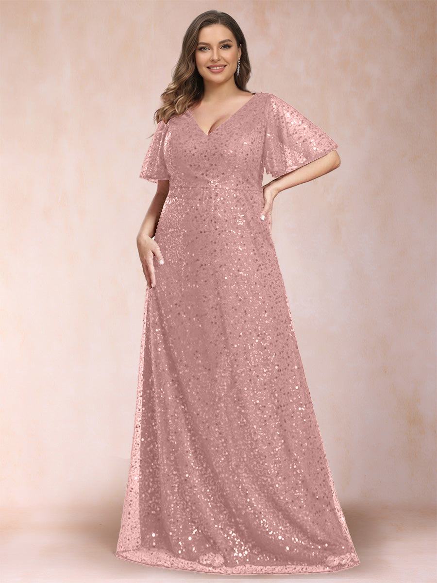 A-Line/Princess V-Neck Sequins Plus Size Mother of the Bride Dresses