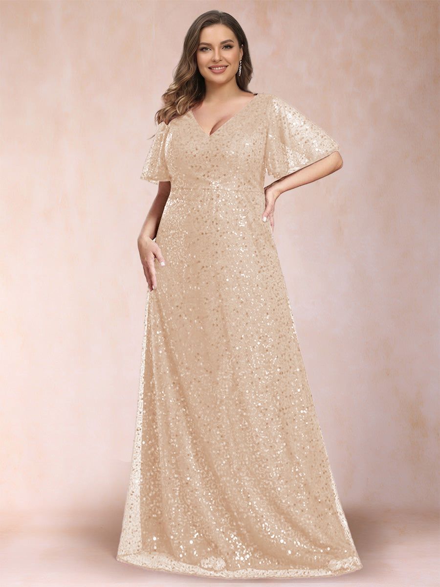 A-Line/Princess V-Neck Sequins Plus Size Mother of the Bride Dresses