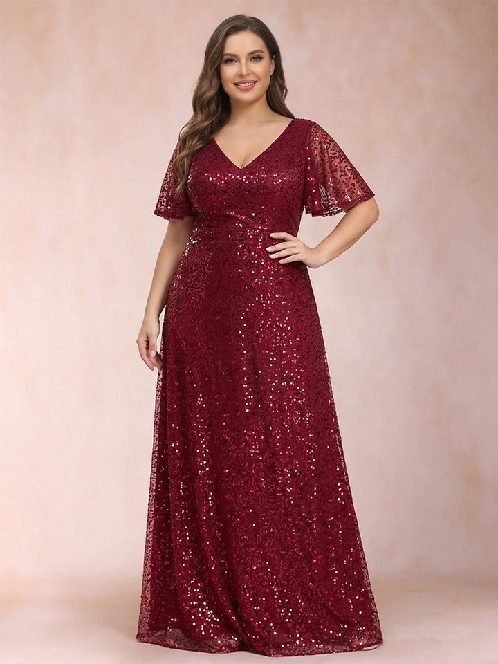 A-Line/Princess V-Neck Sequins Plus Size Christmas Dresses