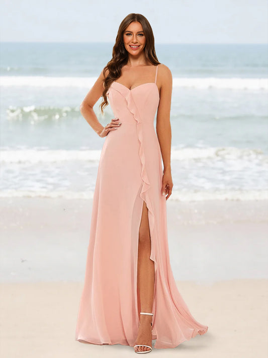 A-Line/Princess Spaghetti Straps Split Side Bridesmaid Dresses With Ruffles