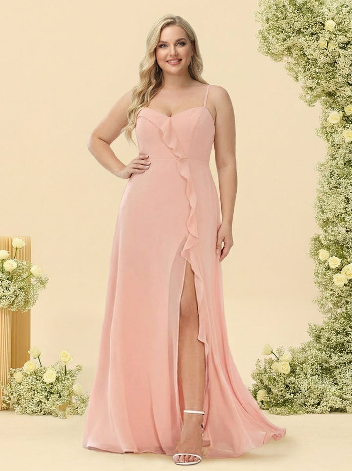 A-Line/Princess Spaghetti Straps Split Side Plus Size Bridesmaid Dresses With Ruffles