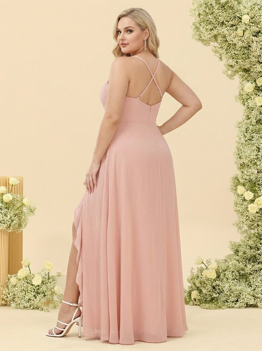 A-Line/Princess Spaghetti Straps Split Side Plus Size Bridesmaid Dresses With Ruffles