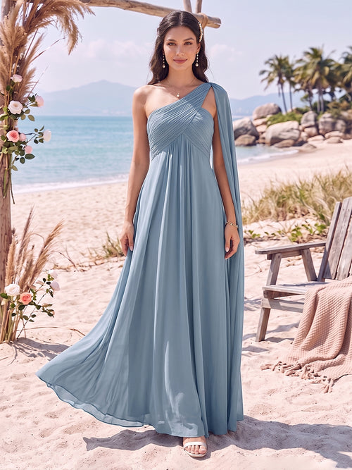 A-Line/Princess One-Shoulder Sleeveless Floor-Length Bridesmaid Dresses With Pleats & Ruffles