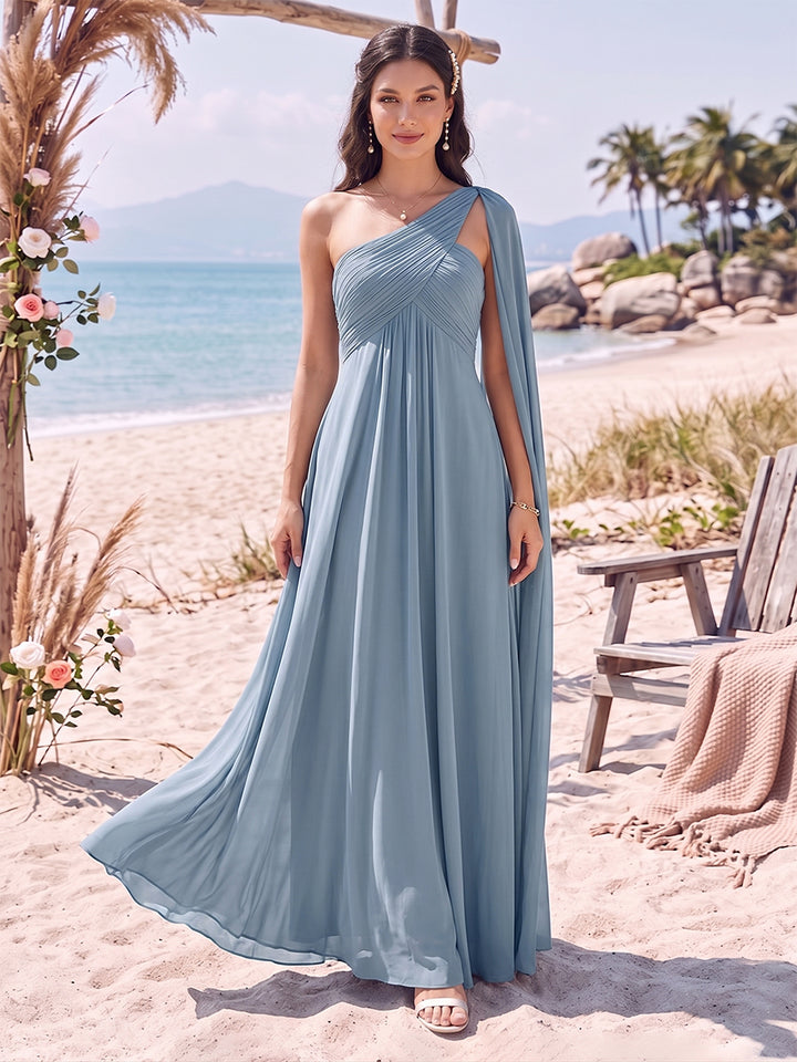 A-Line/Princess One-Shoulder Sleeveless Floor-Length Bridesmaid Dresses With Pleats &amp; Ruffles