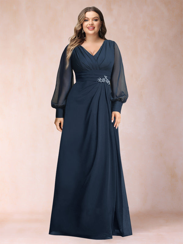 A-Line/Princess Long Sleeves V-Neck Plus Size Mother of the Bride Dresses