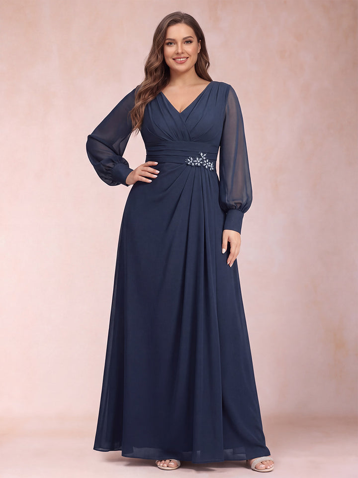 A-Line/Princess Long Sleeves V-Neck Plus Size Mother of the Bride Dresses