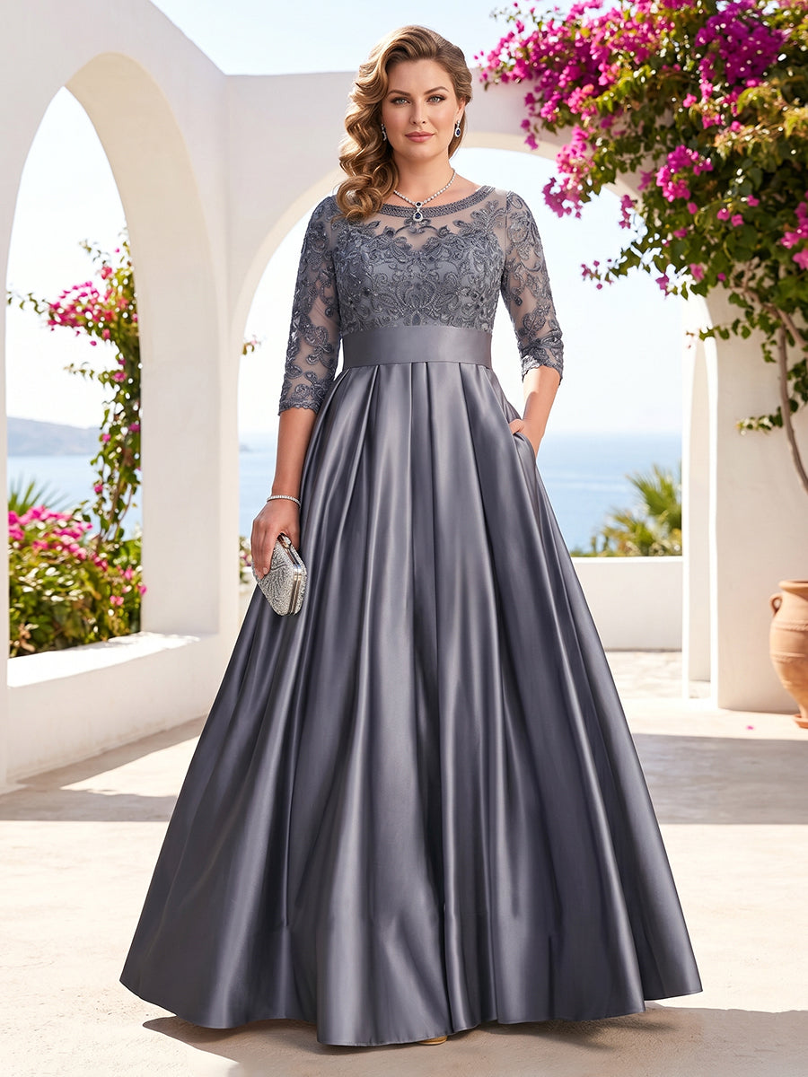 A-Line/Princess Floor-Length 3/4 Sleeves Scoop Plus Size Mother of the Bride Dresses
