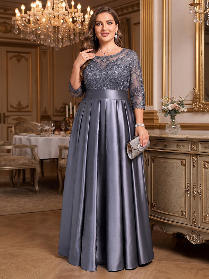 A-Line/Princess Floor-Length 3/4 Sleeves Scoop Plus Size Mother of the Bride Dresses