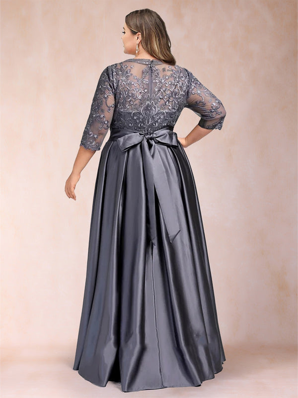 A-Line/Princess Floor-Length 3/4 Sleeves Scoop Plus Size Mother of the Bride Dresses