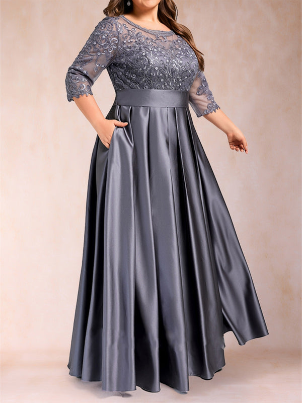 A-Line/Princess Floor-Length 3/4 Sleeves Scoop Plus Size Mother of the Bride Dresses