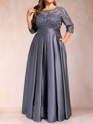 A-Line/Princess Floor-Length 3/4 Sleeves Scoop Plus Size Mother of the Bride Dresses