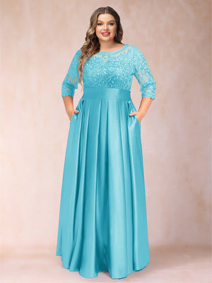 A-Line/Princess Floor-Length 3/4 Sleeves Scoop Plus Size Mother of the Bride Dresses