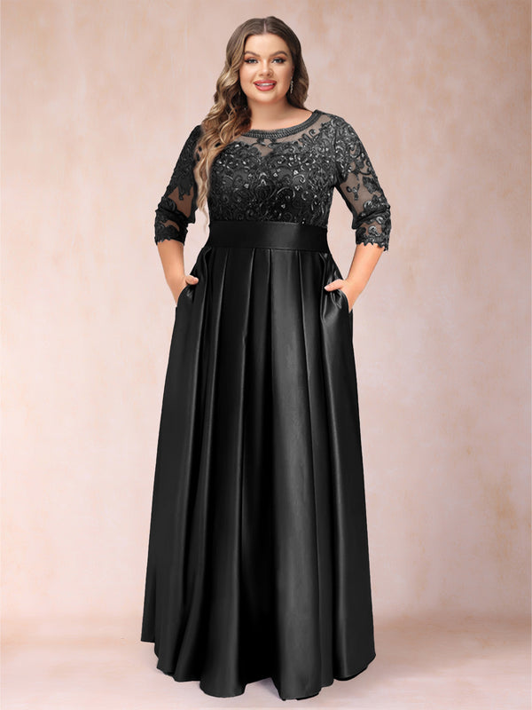 A-Line/Princess Floor-Length 3/4 Sleeves Scoop Plus Size Mother of the Bride Dresses