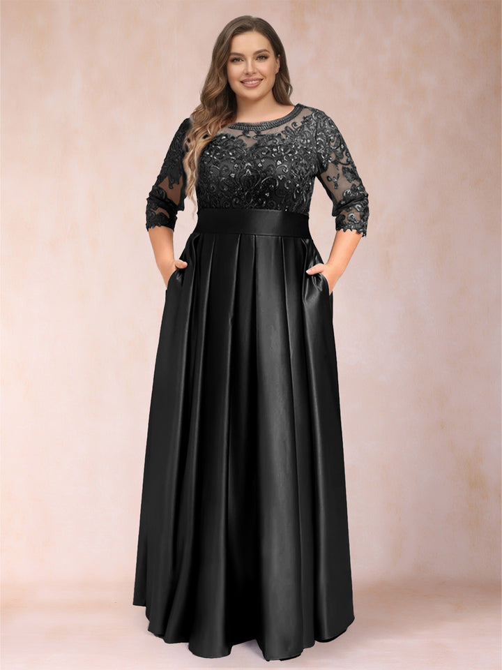 A-Line/Princess Floor-Length 3/4 Sleeves Scoop Plus Size Mother of the Bride Dresses