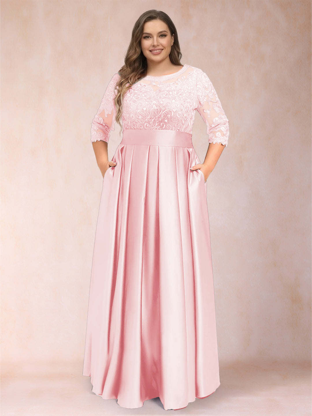 A-Line/Princess Floor-Length 3/4 Sleeves Scoop Plus Size Mother of the Bride Dresses