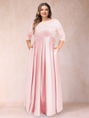 A-Line/Princess Floor-Length 3/4 Sleeves Scoop Plus Size Mother of the Bride Dresses