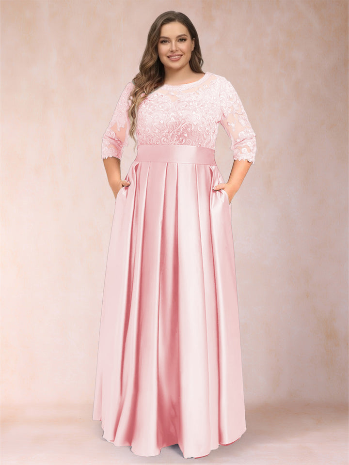 A-Line/Princess Floor-Length 3/4 Sleeves Scoop Plus Size Mother of the Bride Dresses