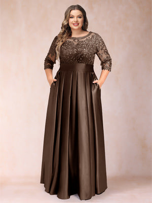 A-Line/Princess Floor-Length 3/4 Sleeves Scoop Plus Size Mother of the Bride Dresses