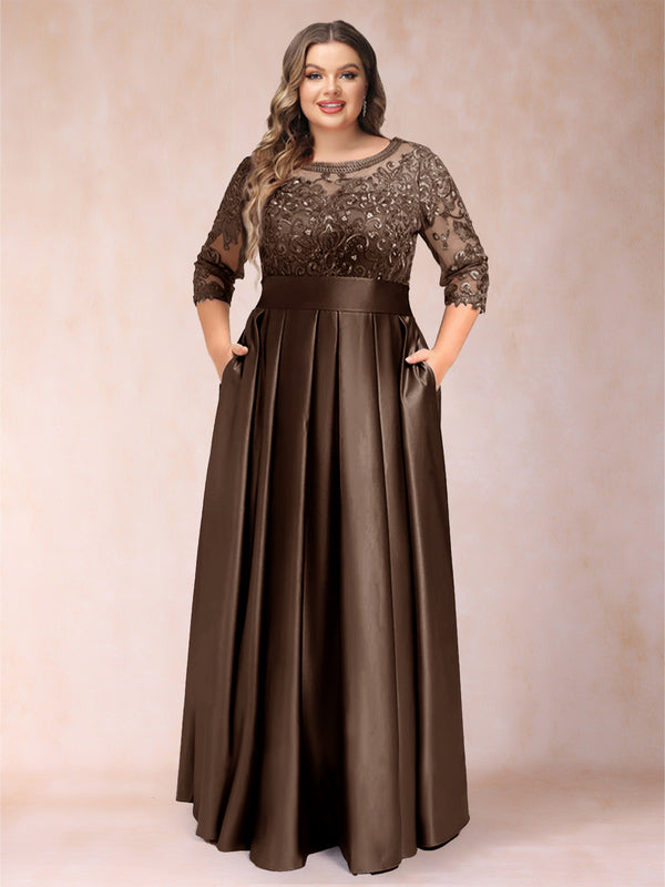 A-Line/Princess Floor-Length 3/4 Sleeves Scoop Plus Size Mother of the Bride Dresses