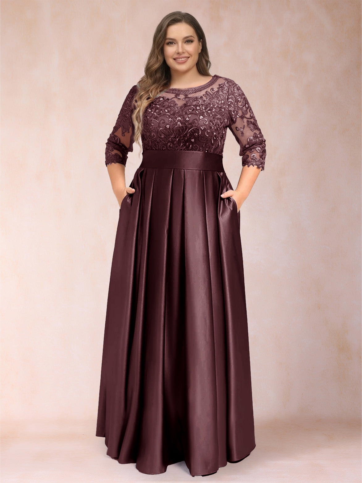 A-Line/Princess Floor-Length 3/4 Sleeves Scoop Plus Size Mother of the Bride Dresses