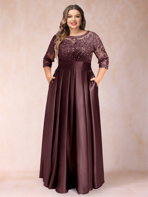 A-Line/Princess Floor-Length 3/4 Sleeves Scoop Plus Size Mother of the Bride Dresses