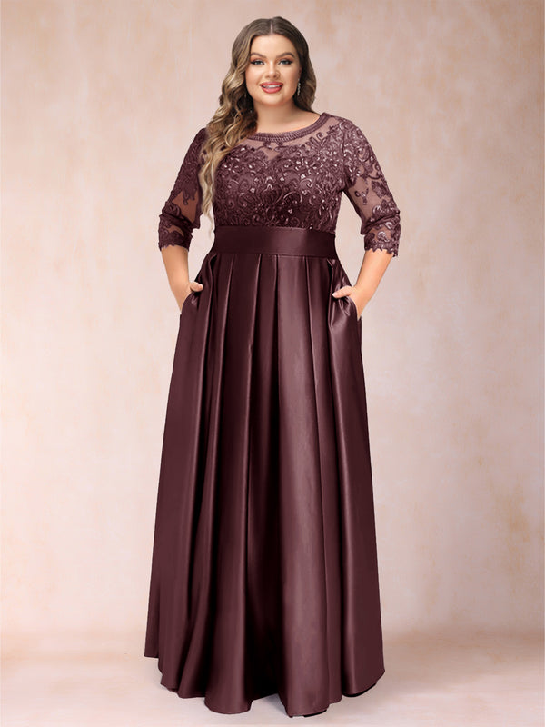 A-Line/Princess Floor-Length 3/4 Sleeves Scoop Plus Size Mother of the Bride Dresses