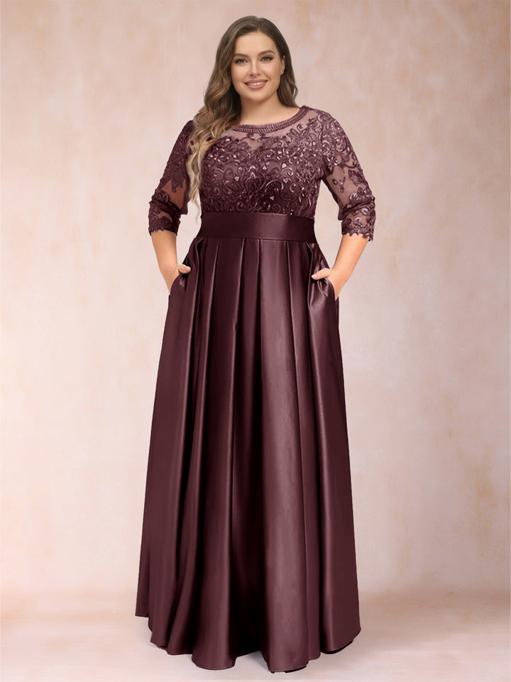 A-Line/Princess Floor-Length 3/4 Sleeves Scoop Plus Size Mother of the Bride Dresses