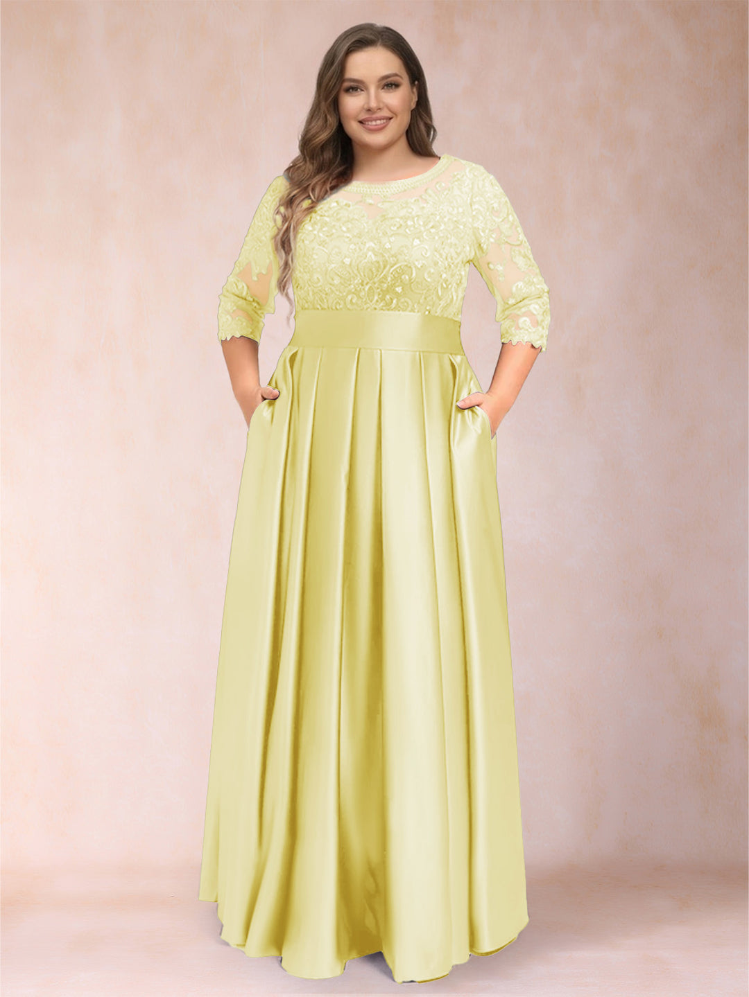 A-Line/Princess Floor-Length 3/4 Sleeves Scoop Plus Size Mother of the Bride Dresses